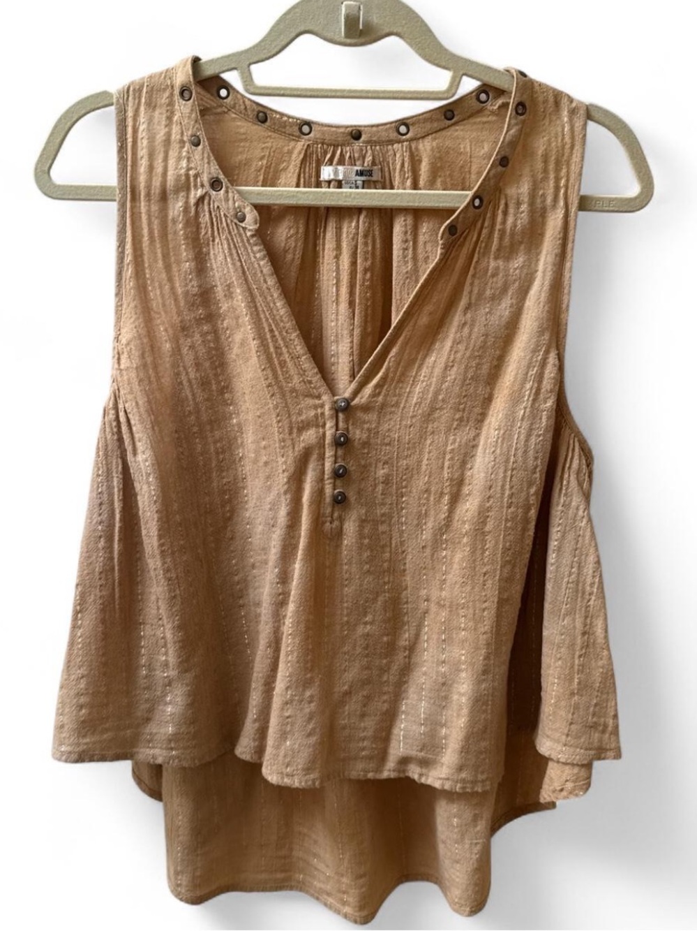 Amuse Society Tan Textured Sleeveless V-Neck Blouse with Studs and Shimmer
